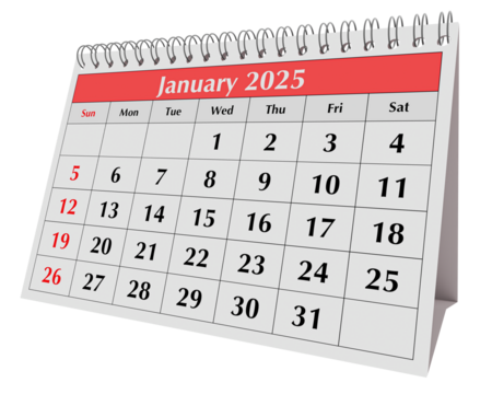 January 2025 calendar. Page of the annual business desk month winter calendar isolated on transparent png