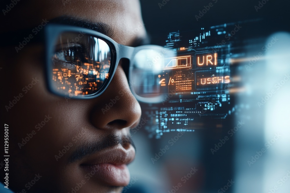 Aufkleber young man in glasses focuses on digital data while working in a modern tech environment