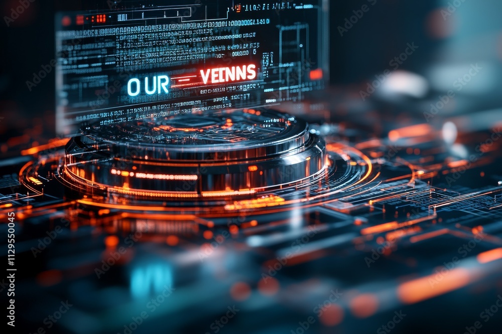 Poster display of futuristic technology with glowing elements and data on a digital interface