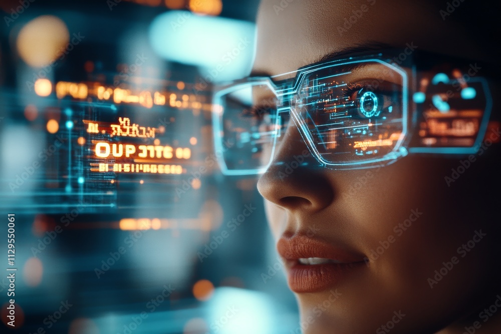 Poster advanced technology displayed through augmented reality glasses in a modern setting focusing on digi