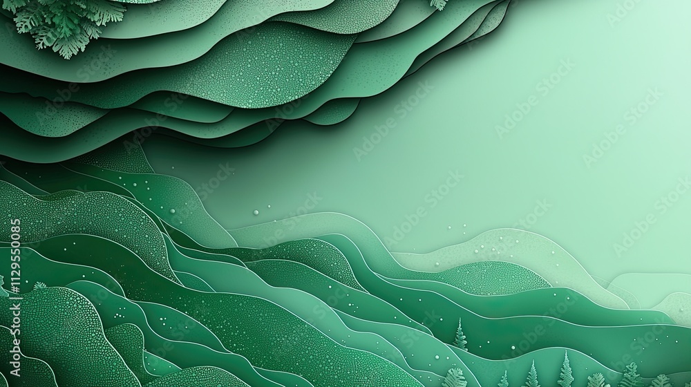 Poster layers of green in an abstract landscape with serene atmosphere and calming textures