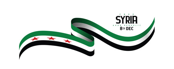 New Flag of Syrian Arab Republic, wavy ribbon with Syrian national flag, Freedom for Syria. 8th December, national day, Vector illustration.