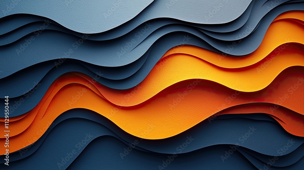 Poster layered abstract design featuring wavy shapes in blue and orange shades creating a dynamic visual ef
