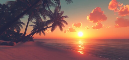 Obraz premium A beautiful sunset over the palm trees on an exotic beach, with vibrant colors and a serene atmosphere The sun sets behind the tropical island, casting long shadows of the coconut palms Generative AI