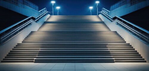 A wide stadium staircase with smooth concrete steps, illuminated by soft, recessed lighting, and framed by robust safety railings