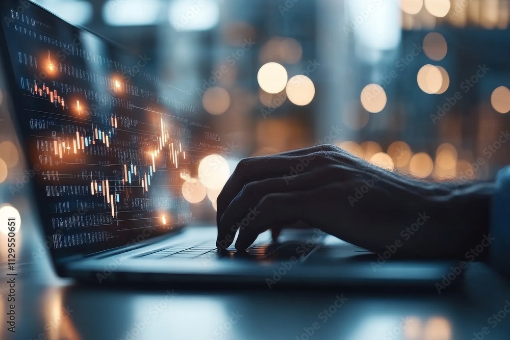 Poster daily market analysis on a laptop with stock data visualizations during evening hours in a modern wo