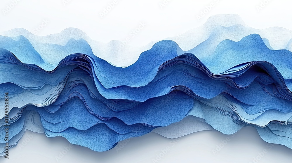 Poster layers of blue paper creating a textured wave effect on a white background in an artistic display of