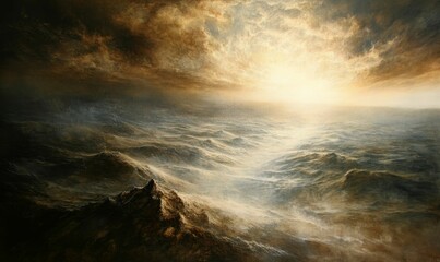 Obraz premium Stormy seascape, mountains, bright light, dark clouds.