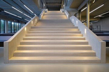 Obraz premium A wide staircase in a table tennis stadium, featuring polished concrete steps, clean lines, and subtle lighting for an intimate yet modern feel