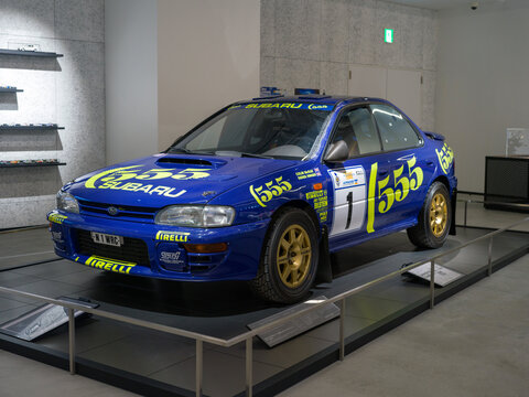 FUJI, JAPAN - 23 NOVEMBER 2024: ON DISLPAY AT THE FUJI SPEEDWAY MOTOR MUSEUM, VINTAGE MOTORSPORT ICON, THE COLIN MCRAE AND DEREK RINGER SUBARU IMPREZA WRX STI 555 WORLD RALLY CHAMPIONSHIP CAR