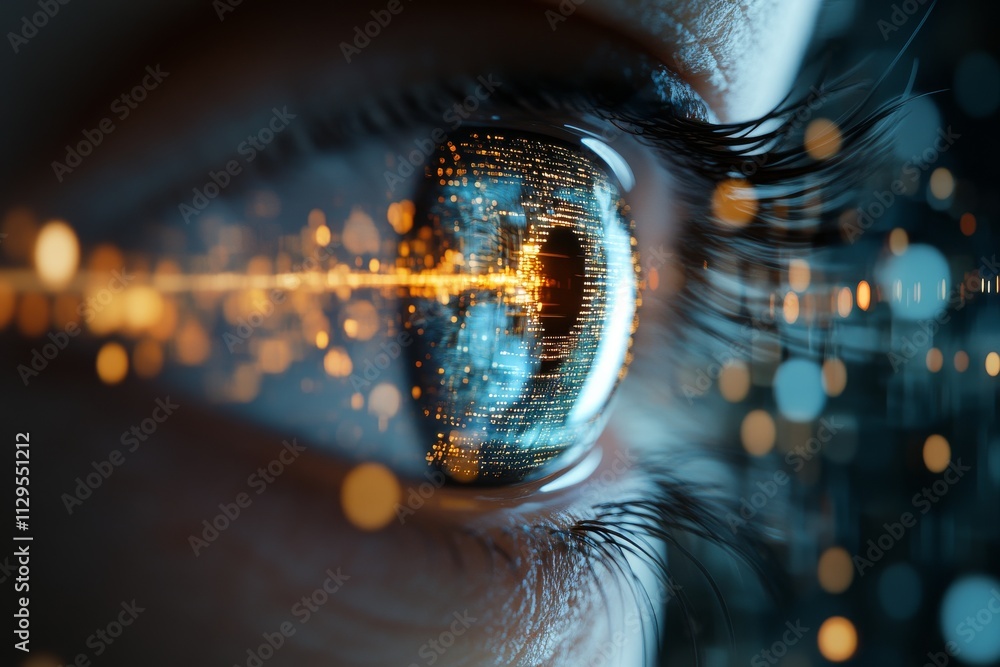 Poster exploring the connection between technology and human perception through a close-up of a futuristic 