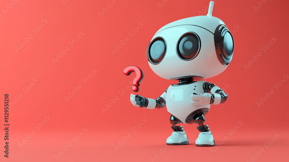 Poster Robot holding a question mark against a vibrant red background while exploring ideas and curiosity in modern technology
