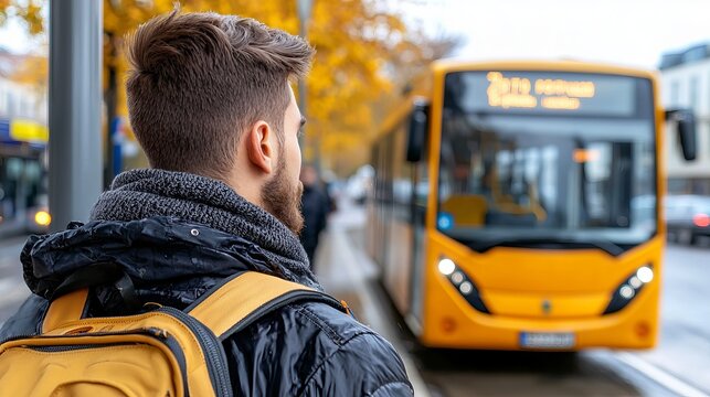 Young man with a beard waiting for a yellow bus on a rainy day, showcasing an urban setting and autumn colors.