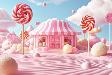 A whimsical candyland scene featuring a pink-striped candy shop surrounded by giant lollipops and fluffy pastel clouds.