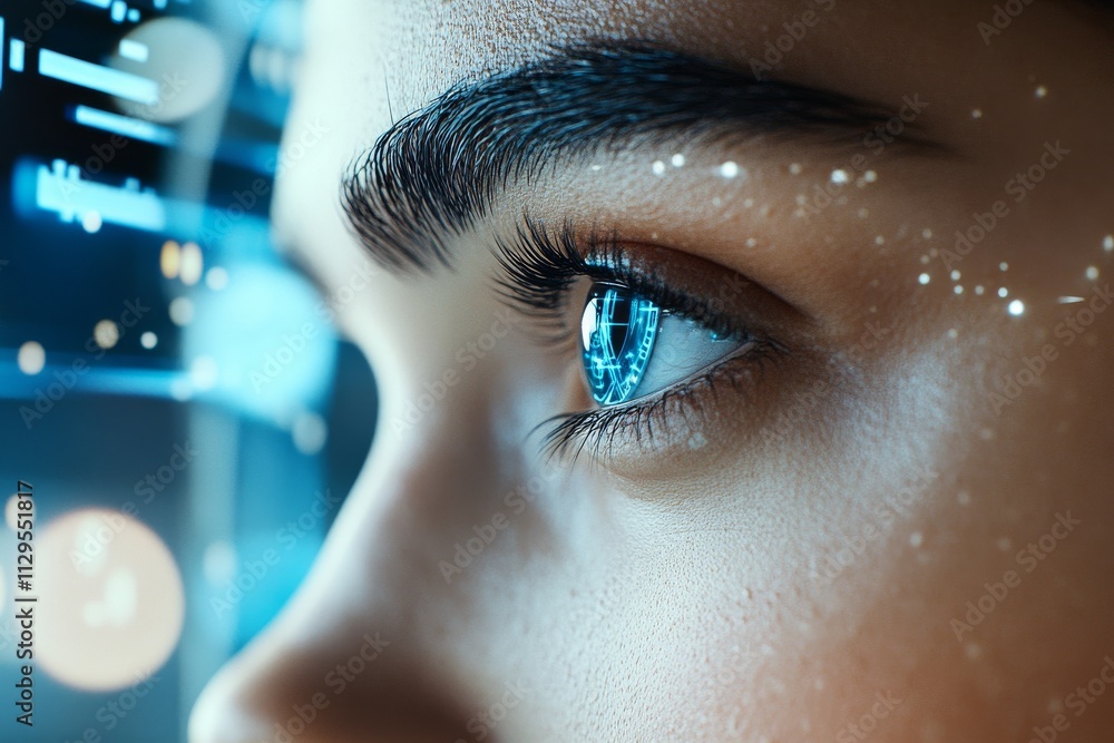 Poster close-up of an eye showcasing digital data and technology interactions in a futuristic context