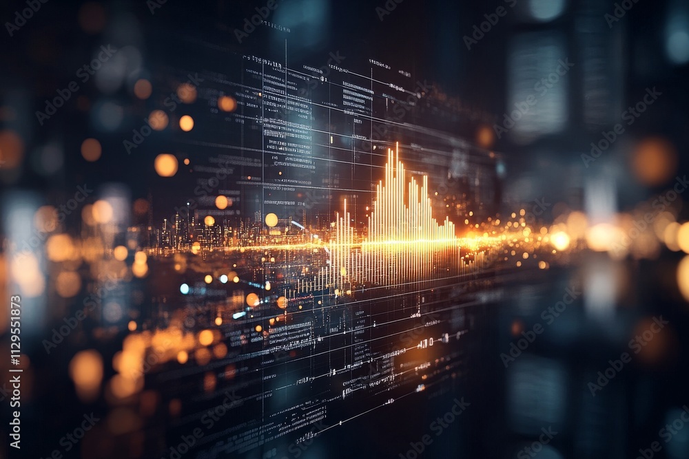 Poster visual representation of sound waves and data analysis in a futuristic digital environment