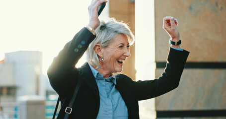 Excited, business woman and celebration in city for success, investment profit or win lottery....