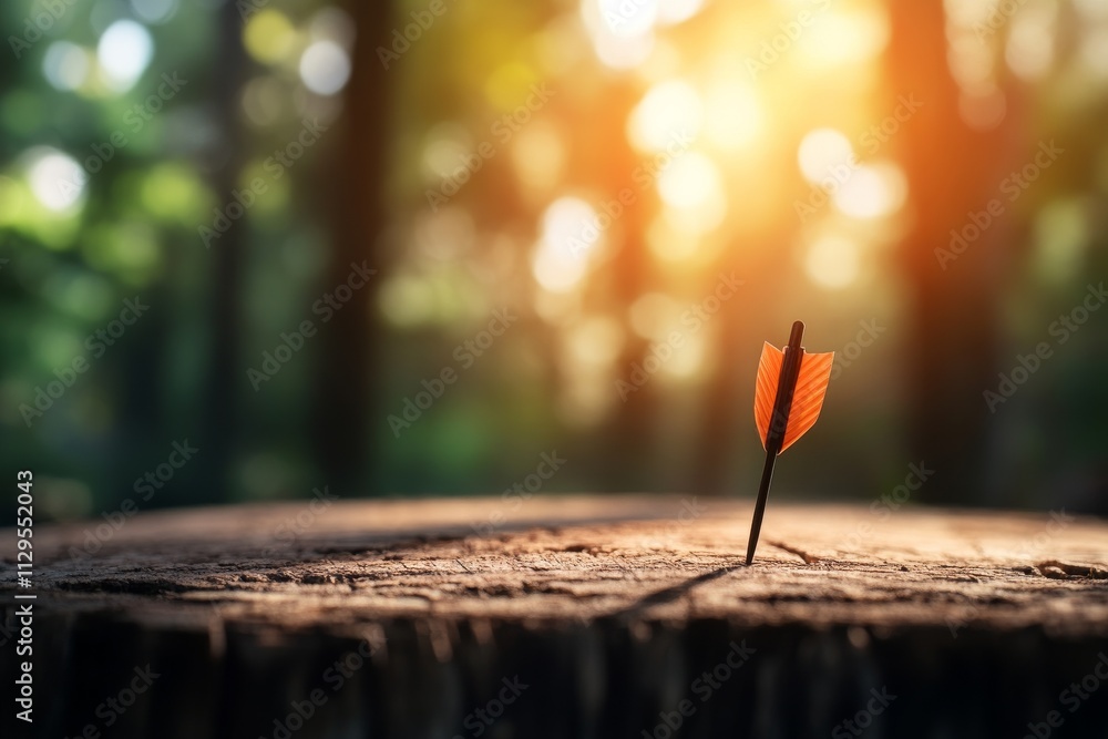 Poster arrow with a red leaf embedded in a tree stump during sunset in a forest setting