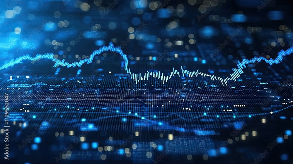 Poster graphical representation of digital data visualization with blue tones capturing trends and fluctuat