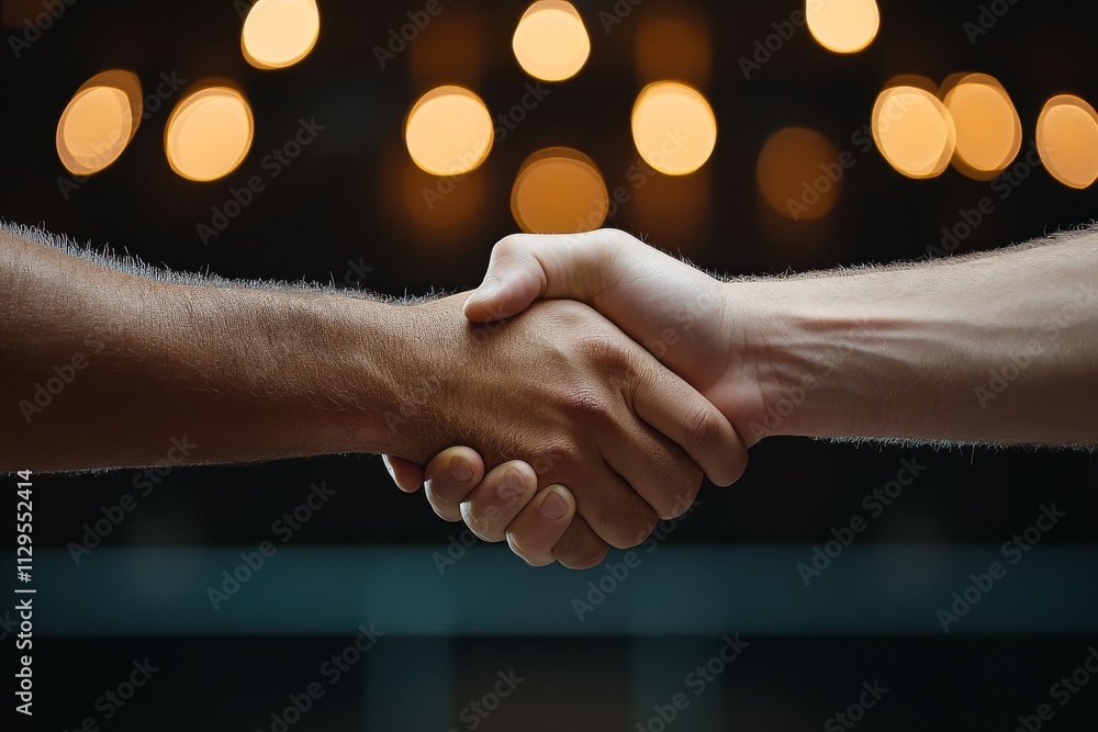 Poster two hands shake to signify agreement in a warm setting filled with soft lights