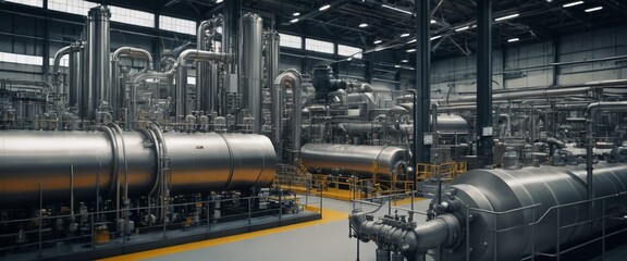 Industrial facility interior with large metal tanks and pipes.