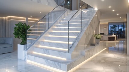 White marble L-shaped stairs with recessed LED underlighting, clear glass balustrades, and a sophisticated contemporary interior with elegant furnishings