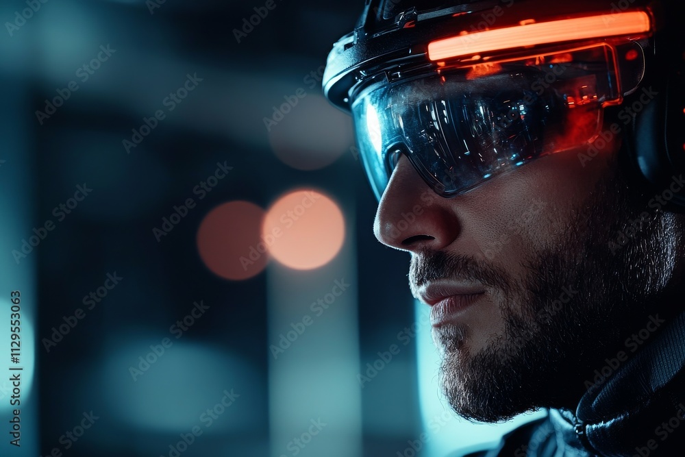 Poster man wearing futuristic goggles in a high-tech environment with glowing lights focusing intensely on 