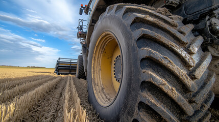 Close-up of a massive tire of a combine harvester on a golden wheat field under a clear blue sky, emphasizing agricultural machinery.