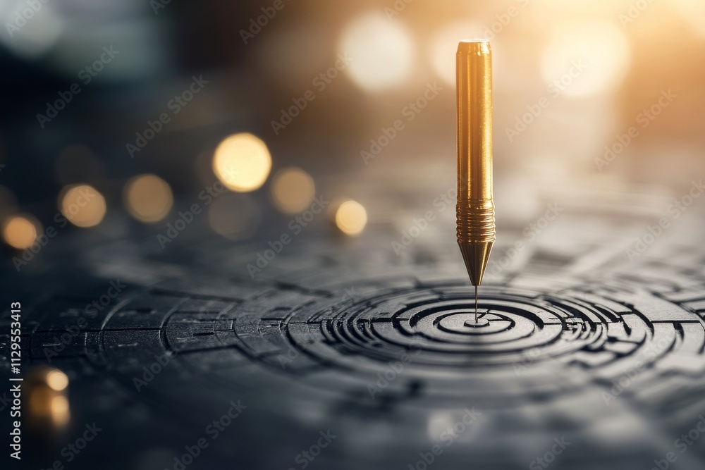 Poster creative visualization of a golden pen poised above a textured surface with concentric circles and a