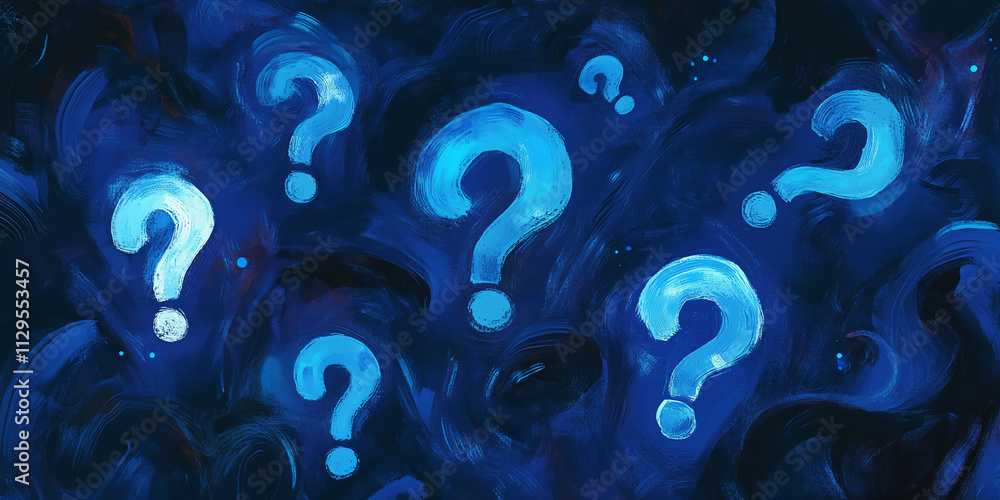 Poster Multiple glowing question marks on a deep blue background symbolize curiosity and inquiry in a creative visual representation