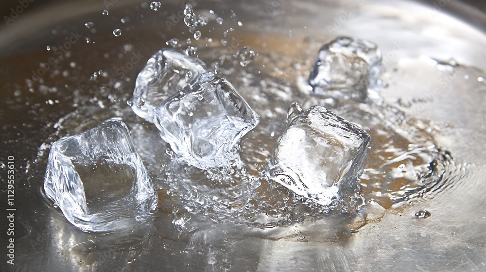 Poster ice cubes falling into water creating splashing