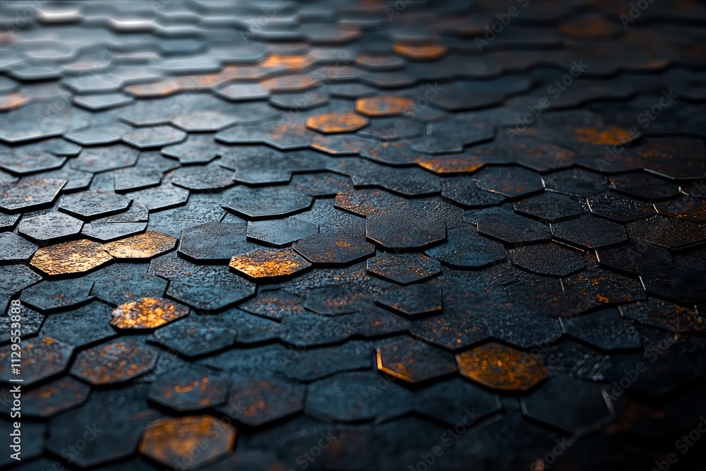 Poster hexagonal metallic tiles create a unique pattern with a weathered texture under soft lighting