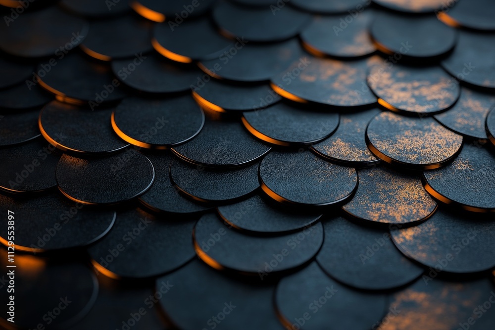 Poster close-up of textured black scales with warm lighting creating interesting shadow patterns on surface
