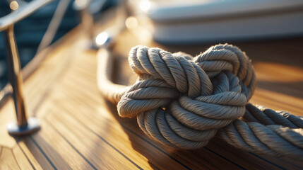 Close-up of a detailed nautical knot tied with precision on a yacht deck, highlighted by golden sunlight reflecting off the polished wood.