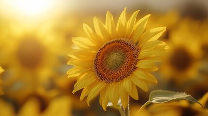 Fototapeta premium Close-up of a vibrant sunflower in a field at sunset.