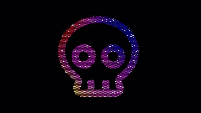 Icon skull is made up of LED square shapes that shimmer and flicker. There are black dead diodes. In-Out looped. Alpha BW at the end