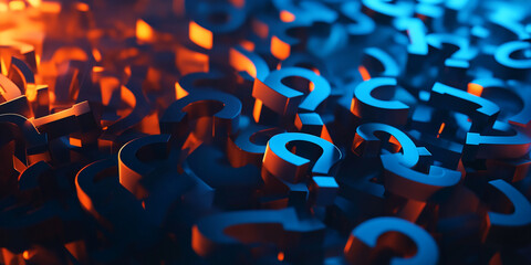 Colorful abstract background featuring 3D question marks on contrasting blue and orange surfaces creating an intriguing visual effect