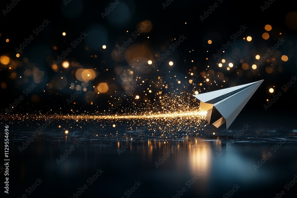 Poster paper airplane soaring through a mist of sparkling particles against a dark background