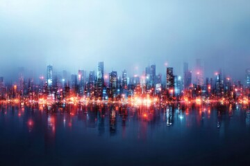 Fototapeta premium City skyline illuminated by lights at night showcasing reflections on water