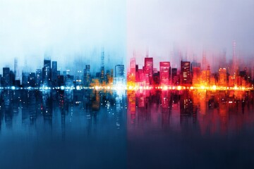 Fototapeta premium City skyline with vibrant colors reflecting on water at twilight in an urban environment