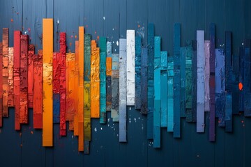 Colorful abstract wall art displays a vibrant arrangement of painted wooden planks in various hues