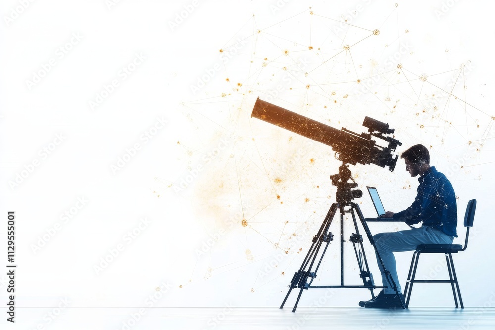 Poster exploring the universe with a telescope while using a laptop for analysis at an observatory