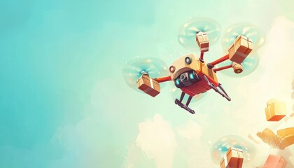 A cartoonish drone with a playful design flies through a bright sky, carrying packages, symbolizing modern delivery technology.