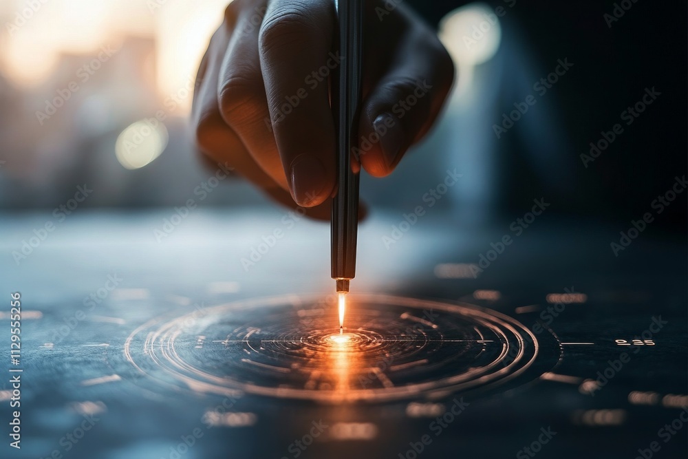 Poster illuminating the design with precision at sunset using a digital pen on a high-tech surface