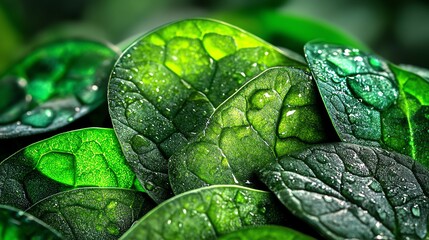 Obraz premium Vibrant green spinach leaves with water droplets in close-up view.