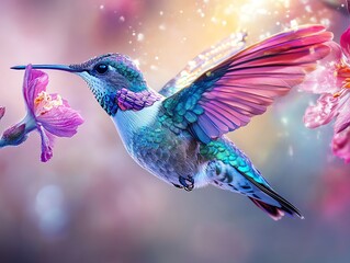 Vibrant hummingbird in flight near colorful flowers in a dreamy setting.