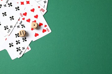 Playing cards on color background, top view. Gambling concept