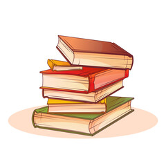 Vector illustration of pile of books isolated on white. Use for decoration of interior. Hand-drawn colorful books. Book lover, bookstore, library, cozy home concept.