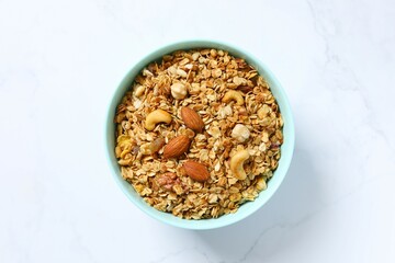 Delicious granola on a light background