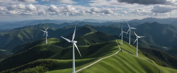 Wind turbines on green hills.